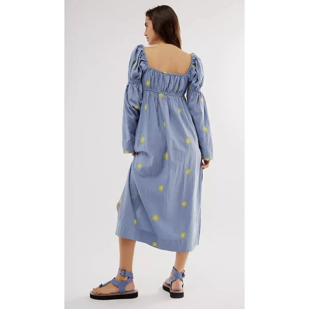 NWOT Free People Sun Embroidery Midi Dress Cottagecore L Blue Summer Linen Boho - Picture 2 of 16